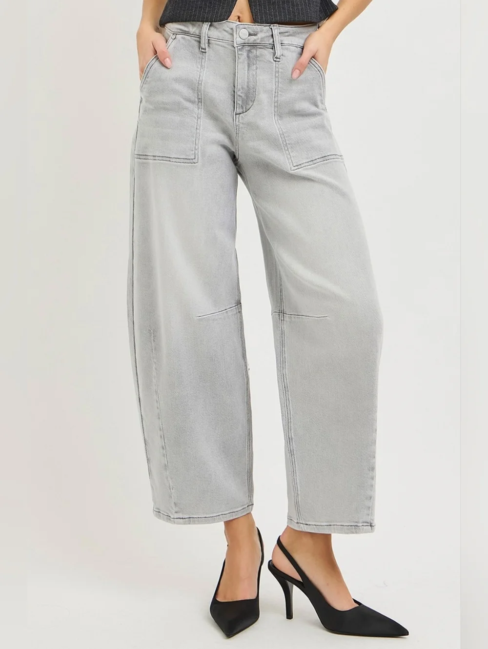 RISEN High Rise Slouchy Barrel Jeans Grey Stretch Neutral Ankle Various NEW - Picture 5 of 15